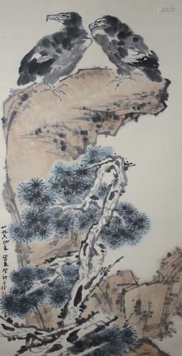 Li Kuchan - Two Eagles - Paper Hanging Scroll