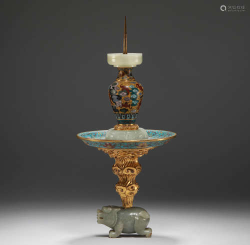 Qing Dynasty - CloisonneLampstand with Jade