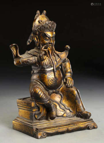 Ming Dynasty - Seated Gilt Bronze Guan Gong