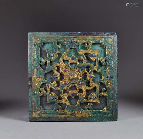 Han Dynasty - Gilt Square Mirror with Hollow-Carved Design