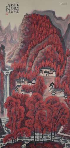 Li Keran - Red Mountain -  Paper Hanging Scroll