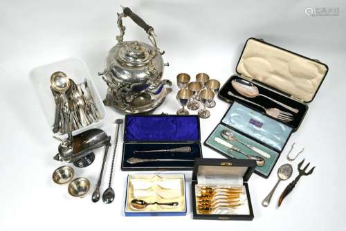 Electroplated flatware, kettle on stand, etc.