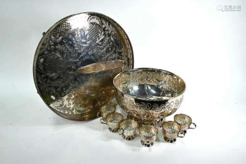 Large electroplated punch bowl and tray