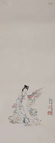 Chinese Figure of Guanyin Painting on Paper, Pu Ru Mark