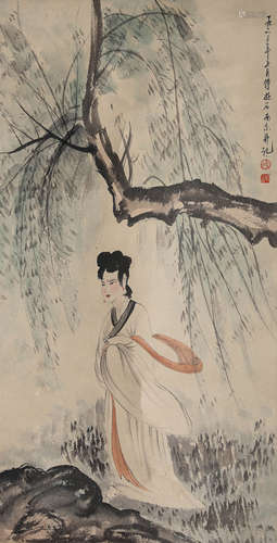 Chinese Female Figure Painting Paper Scroll, Fu Baoshi Mark