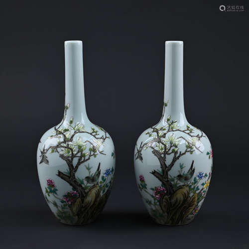 A Pair of Famille Rose Flower and Bird Bottle Vases