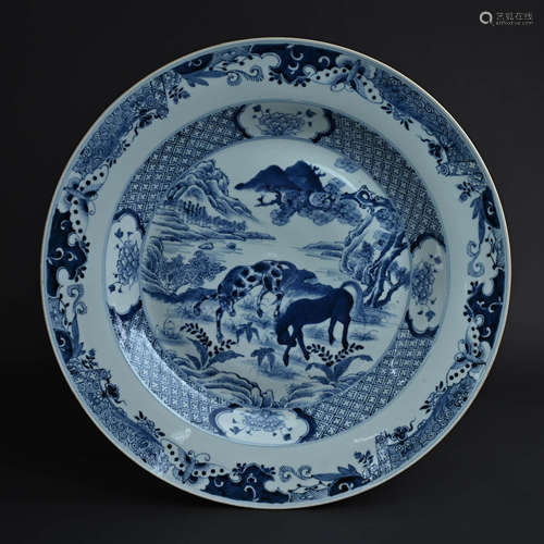 Blue and White Landscape and Horse Plate