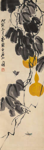 Chinese Gourd Painting Paper Scroll, Qi Baishi Mark