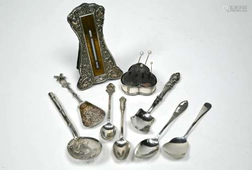 Art Nouveau silver thermometer, trefoil pin-cushion,