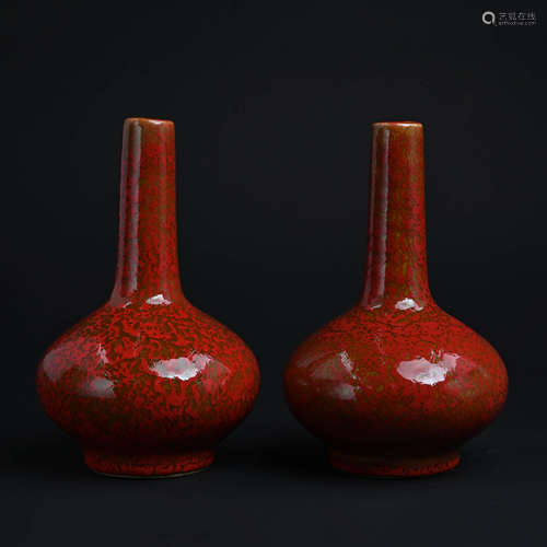 A Pair of Red Glaze Long Bottle Vases