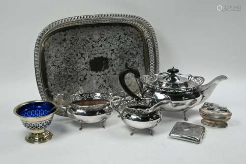 Epns three-piece tea service, silver cigarette case,