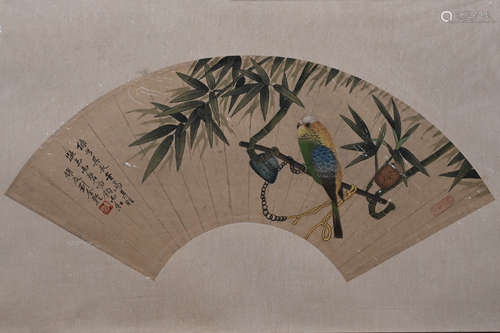 Chinese Parrot Fan Painting on Paper, Liu Kuiling Mark