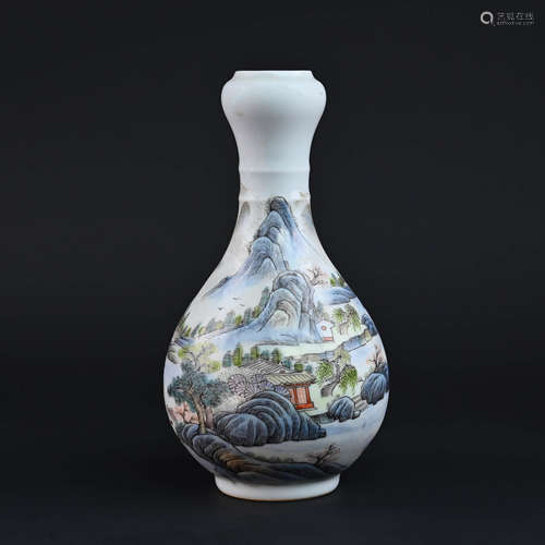 Famille Rose Landscape and Figure Garlic-mouth Bottle Vase