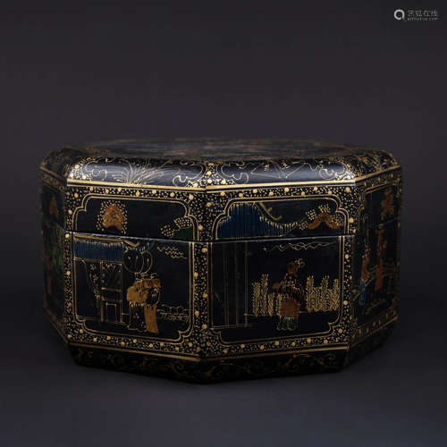 Gilt Black Lacquer Figure Hexagonal Box