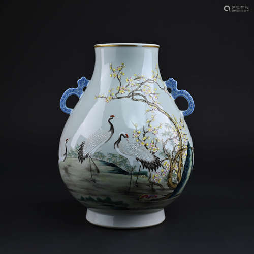 Famille Rose Crane Double Dragon Eared Zun Vase