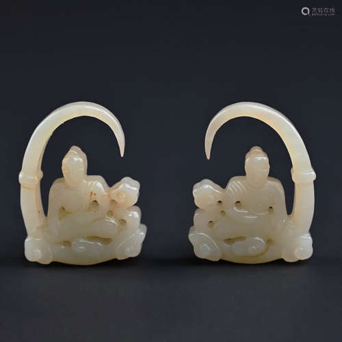 A Pair of White Jade Figure Earrings