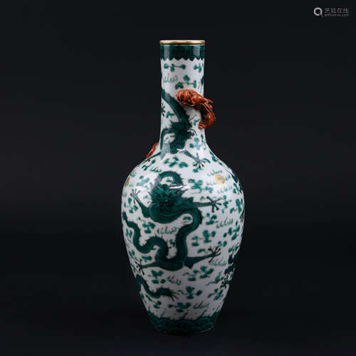 Green Enamelled Dragon Long Neck Bottle Vase