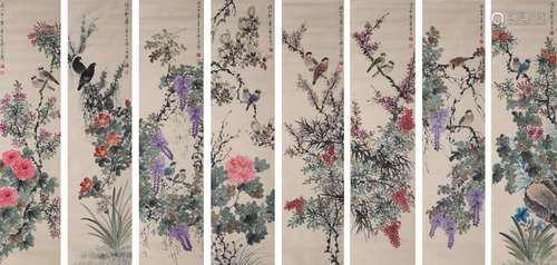 Chinese Flower and Bird Painting Eight Screen, Jiang Hanting...