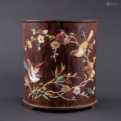 Hardstone Inlaid Wooden Brush Pot