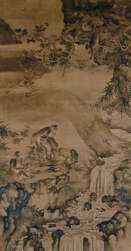 Chinese Rocks Mountain and Monkey Painting, Silk Scroll, She...