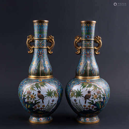 A Pair of Gilt Bronze Cloisonne Enamel Vases