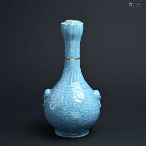 Blue Glaze Incised Dragon Elephant Eared Zun Vase