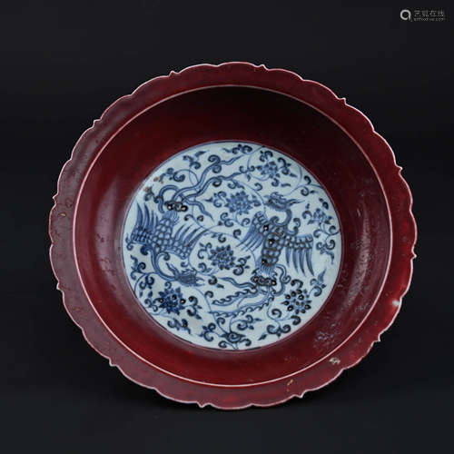 Red Glaze Blue and White Double Phoenix Plate