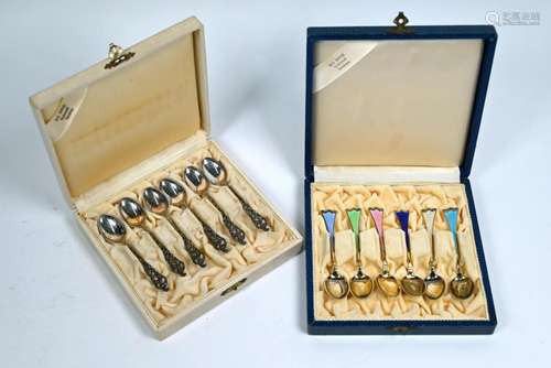 Two cased sets of Norwegian silver coffee spoons