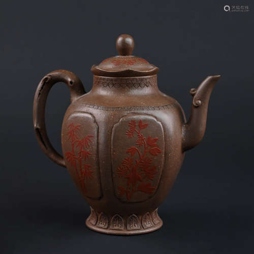 Carved Plum, Bamboo and Chrysanthemum Zisha Tea Pot