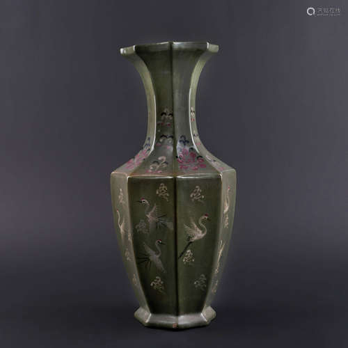 Green Glaze Hexagonal Crane Goryeo Ware Vase