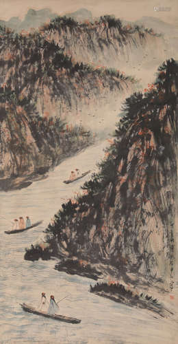 Chinese Landscape and Figure Painting Hanging Scroll, Fu Bao...