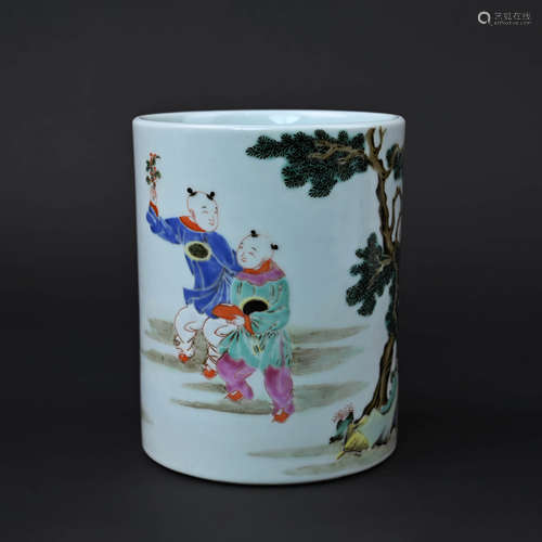 Famille Rose Figure Brush Pot