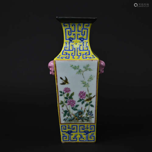 Falangcai Glaze Flower and Bird Square Vase