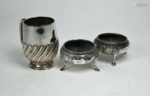 Pair of Victorian silver salts & Christening mug