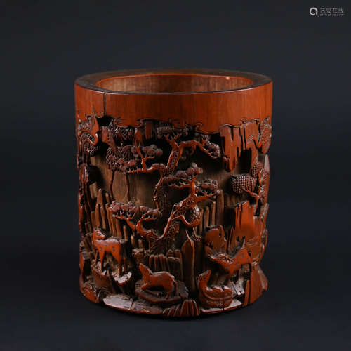 Carved Bamboo Landscape Brush Pot