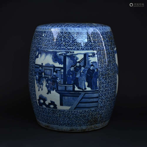 Blue and White Figure Drum-shape Stool