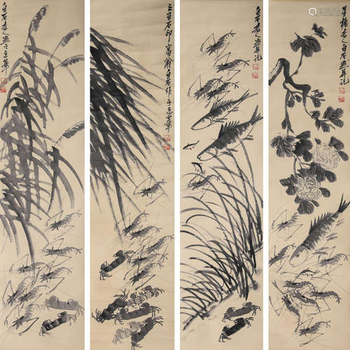 Chinese Fish and Shrimp Painting on Paper Four Screen, Qi Ba...