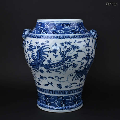 Blue and White Phoenix Double Beast Eared Zun Vase