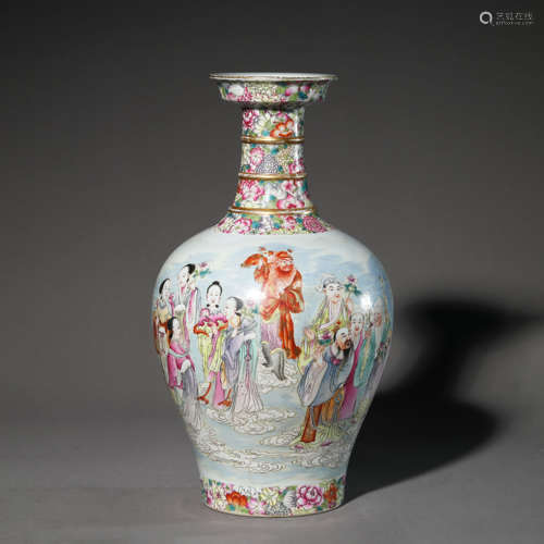 Famille Rose Immortal and Inscription Bottle Vase