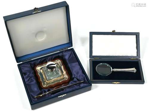 Silver-mounted inkwell/pen set, with magnifying glass