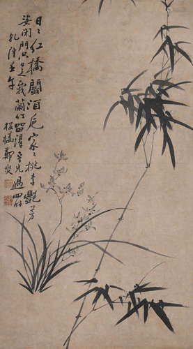 Chinese Orchid and Bamboo Painting Hanging Scroll, Zheng Ban...