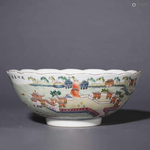 Famille Rose Landscape and Inscription Lobed Bowl