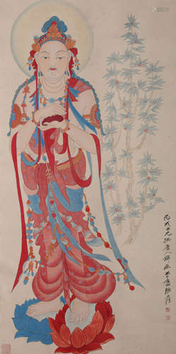 Chinese Buddhist Figure Painting Paper Scroll, Zhang Daqian ...