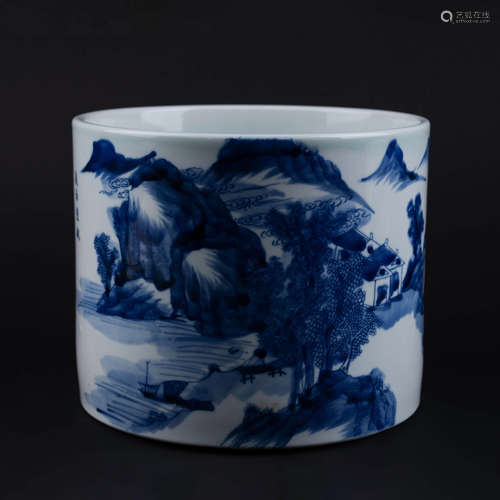 Blue and White Landscape and Inscription Brush Pot