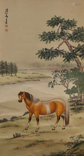 Chinese Horse Painting Silk Scroll, Ma Jin Mark