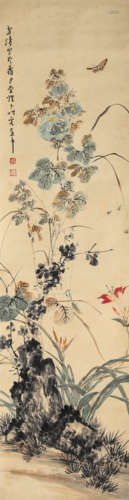 Chinese Flower and Bird Painting Paper Scroll, Wang Xuetao M...