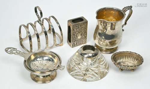 Silver cream jug, toast rack, etc.