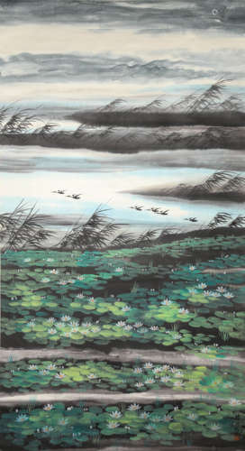 Chinese Lotus Painting Paper Scroll, Lin Fengmian Mark