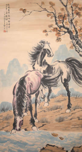 Chinese Horse Painting Paper Scroll, Xu Beihong Mark