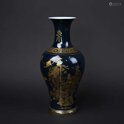 Blue Glaze Gilt Figure Bottle Vase